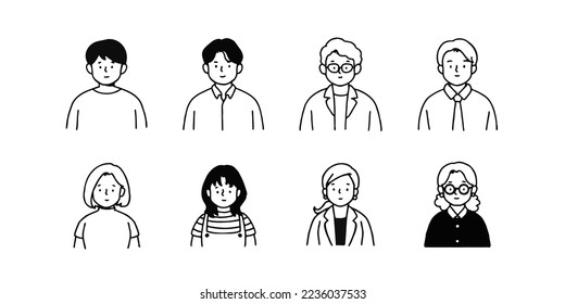 Outline avatars profile set office workers , hand-drawn icon style , flat line vector.