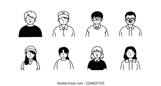 Outline avatars profile set office workers , hand-drawn icon style , flat line vector.