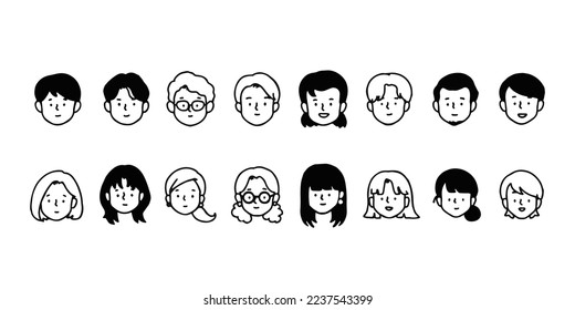 Outline avatars profile set office workers , hand-drawn icon style , flat line vector.