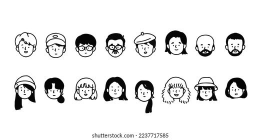 Outline avatars profile set office workers , hand-drawn icon style , flat line vector.