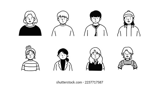 Outline avatars profile set office workers , hand-drawn icon style , flat line vector.