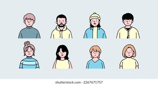 Outline avatars profile set office workers , hand-drawn icon style , flat line vector.