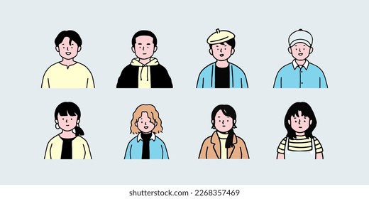 Outline avatars profile set office workers , hand-drawn icon style , flat line vector.