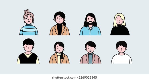 Outline avatars profile set office workers , hand-drawn icon style , flat line vector.