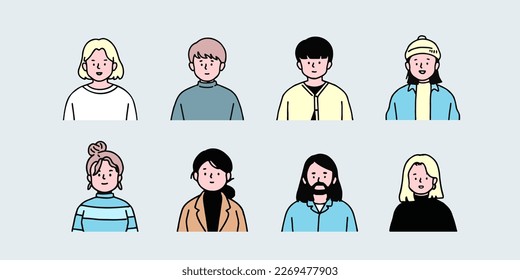 Outline avatars profile set office workers , hand-drawn icon style , flat line vector.