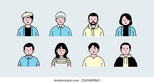 Outline avatars profile set office workers , hand-drawn icon style , flat line vector.