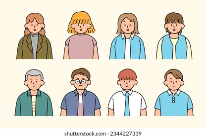 Outline avatars profile set, office workers, simple icon style, character design, vector illustration.