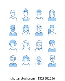 Outline Avatars. Smiling Young People Icons User Flat Line Man Woman Anonymous Faces Man Woman Cute Guy Web Avatar Profile Vector Set