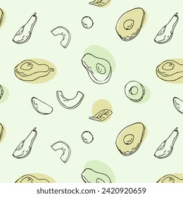 Outline avocado fruit background with simple shapes. Vector illustration can used for wrapping paper, banner and cover design. 
