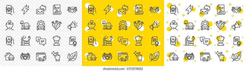 Outline Award app, Info and Armchair line icons pack for web with Leaf, Move gesture, Certificate line icon. Bell alert, Furniture moving, Factory pictogram icon. Laureate medal, Carrots. Vector