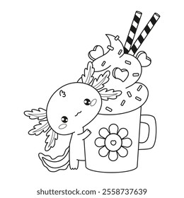 Outline Axolotl Hugging Mug Sweet Dessert with whipped cream. Funny little cartoon kawaii character. Line drawing, coloring book. Vector illustration. Kids collection