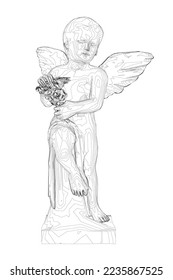 Outline of a baby angel with wings and flowers in hands from black lines isolated on a white background. 3D. Vector illustration.