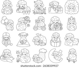 Outline of Baby sheep illustration activites. Funny sheep clip art elements.
outline of shiba inu in the variation of activities by baby sheep