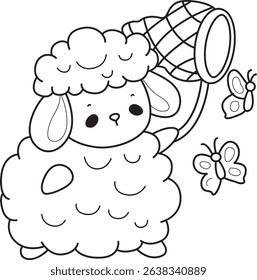 Outline of Baby sheep illustration activites. Funny sheep clip art elements.
outline of baby lamp playing with butterfly
