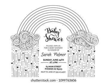 Outline Baby Shower template. Clouds, hearts and rainbow on white background. Black and white vector illustration.