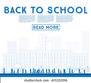Outline Back to School. Banner with School Bus, Building and Students. Vector Illustration.