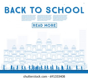 Zurück zur Schule. Banner mit Schulbus, Gebäude und Studenten. Vektorgrafik.