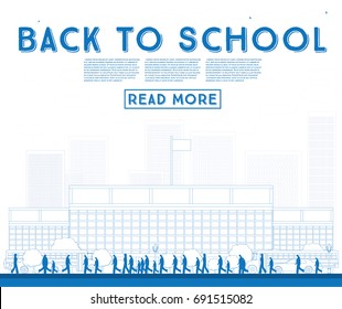 Zurück zur Schule. Banner mit Schulbus, Gebäude und Studenten. Vektorgrafik.