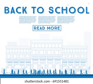 Outline Back to School. Banner with School Bus, Building and Students. Vector Illustration.