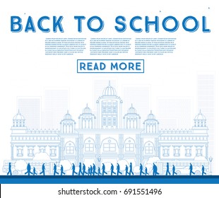 Outline Back to School. Banner with School Bus, Building and Students. Vector Illustration.