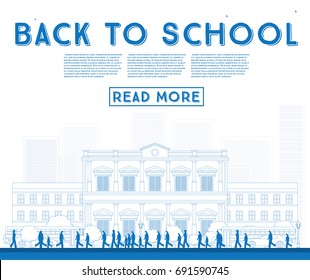Outline Back to School. Banner with School Bus, Building and Students. Vector Illustration.