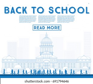Outline Back to School. Banner with School Bus, Building and Students. Vector Illustration.