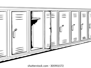 Outline background cartoon of empty locker in hallway