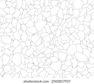 Outline background with outline of many stones from black lines isolated on white background. Vector illustration.