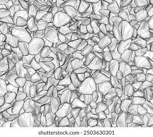 Outline background with outline of many stones from black lines isolated on white background. Vector illustration.