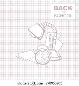 Outline background picture for notepad with place for your text. Lamp on the desk, alarm clock and note paper