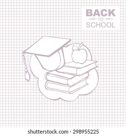 Outline background picture for notepad with place for your text. Graduation cap with books and apple 