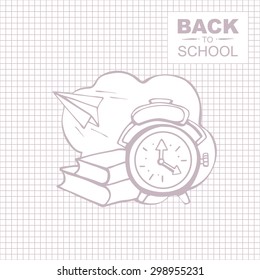 Outline background picture for notepad with place for your text. Alarm clock near the books