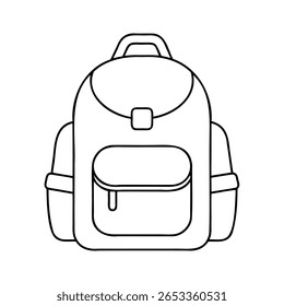 Outline a backpack with a handle a front pocket side pockets on school travel