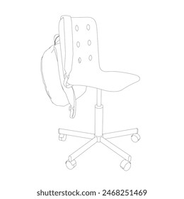 Outline of a backpack hanging on a chair made of black lines isolated on a white background. Vector illustration.