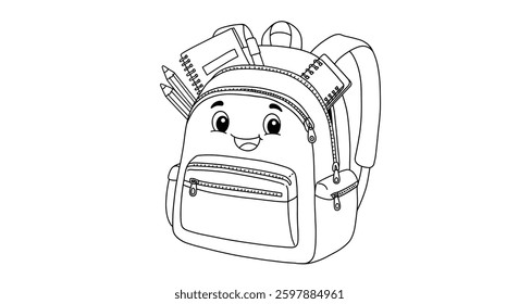 Outline of a Backpack With a Smiling Face, Unzipped to Reveal School Supplies