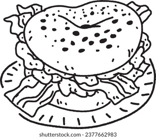 outline bacon scumble egg with bagle for breakfast on plate. cool doodle vector isolated on transparent background.