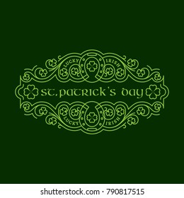 Outline badge with horseshoes, shamrock leaves, floral ornament on a green background. Vector illustration.
