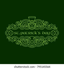 Outline badge with leprechaun, horseshoe, shamrock leaves, floral ornament. Vector illustration.