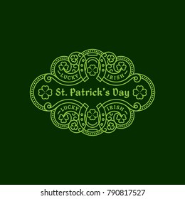 Outline Badge With Two Horseshoes, Shamrock Leaves, Floral Ornament. Vector Illustration.