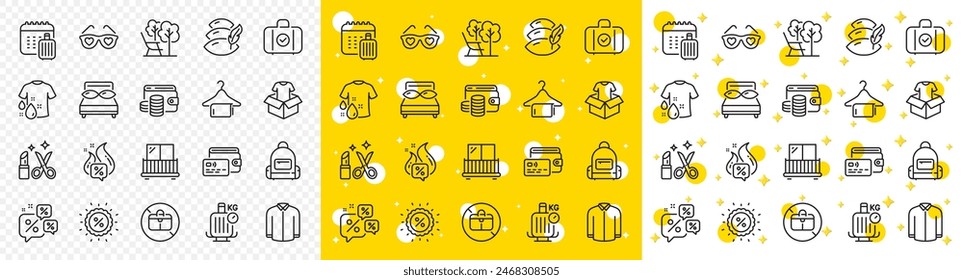 Outline Baggage scales, No handbag and Deckchair line icons pack for web with Baggage calendar, Discounts chat, Balcony line icon. Wash t-shirt, Pillow, Wallet pictogram icon. Vector