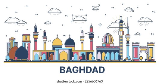 Outline Baghdad Iraq City Skyline with Colored Historic Buildings Isolated on White. Vector Illustration. Baghdad Cityscape with Landmarks.