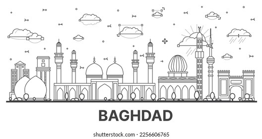 Outline Baghdad Iraq City Skyline with Historic Buildings Isolated on White. Vector Illustration. Baghdad Cityscape with Landmarks.