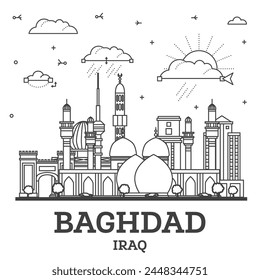 Outline Baghdad Iraq City Skyline with Historic Buildings Isolated on White. Vector Illustration. Baghdad Cityscape with Landmarks.