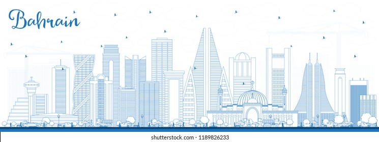 Outline Bahrain City Skyline with Blue Buildings. Vector Illustration. Business Travel and Tourism Concept with Modern Architecture. Bahrain Cityscape with Landmarks.