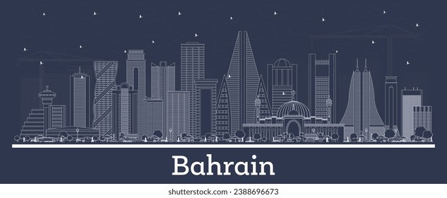 Outline Bahrain city skyline with white buildings. Vector illustration. Business travel and tourism concept with historic architecture. Bahrain cityscape with landmarks.