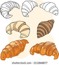 Outline bakery croissant,cartoon croissant drawing set,2d  illustration.