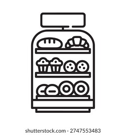 Outline of a bakery display case filled with various baked goods