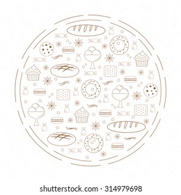Outline bakery icons composed in circle shape. Can be used for flayers, banners.