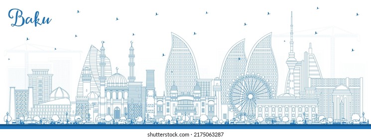 Outline Baku Azerbaijan City Skyline with Blue Buildings. Vector Illustration. Baku Cityscape with Landmarks. Business Travel and Tourism Concept with Historic Architecture.