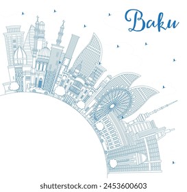 Outline Baku Azerbaijan City Skyline with Blue Buildings and Copy Space. Vector Illustration. Baku Cityscape with Landmarks. Business Travel and Tourism Concept with Historic Architecture.